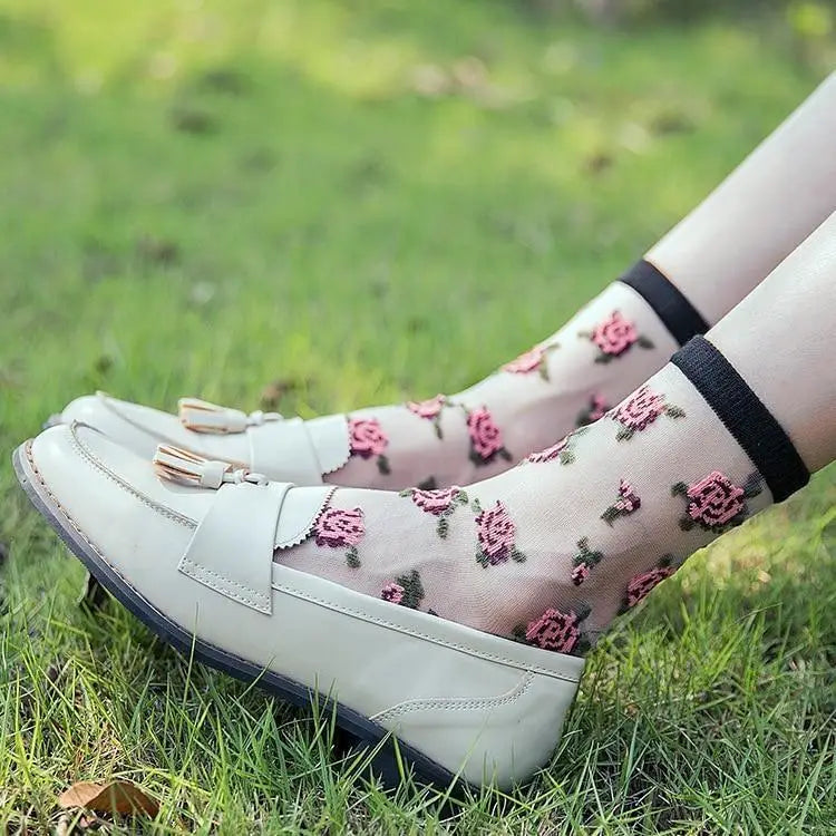 Transparent Clear Nylon Flower Socks Ankle Stockings Floral Roses Invisible