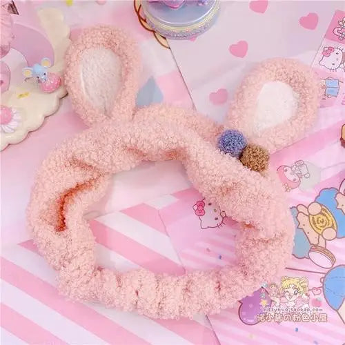 Fluffy Bunny-Eared Headband with Cute Pom Poms - Baby Pink - headband