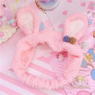 Fluffy Bunny-Eared Headband with Cute Pom Poms - Bright Pink - headband