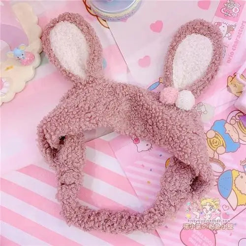 Fluffy Bunny-Eared Headband with Cute Pom Poms - Dark Brown - headband