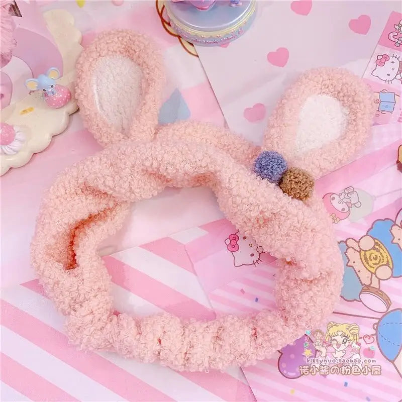 Fluffy Bunny-Eared Headband with Cute Pom Poms - headband