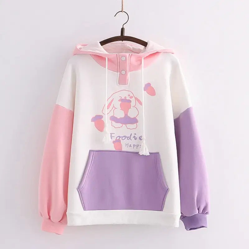 Foodie Bunny Hoodie in Pastel Color Block Style - Pink - hoodie