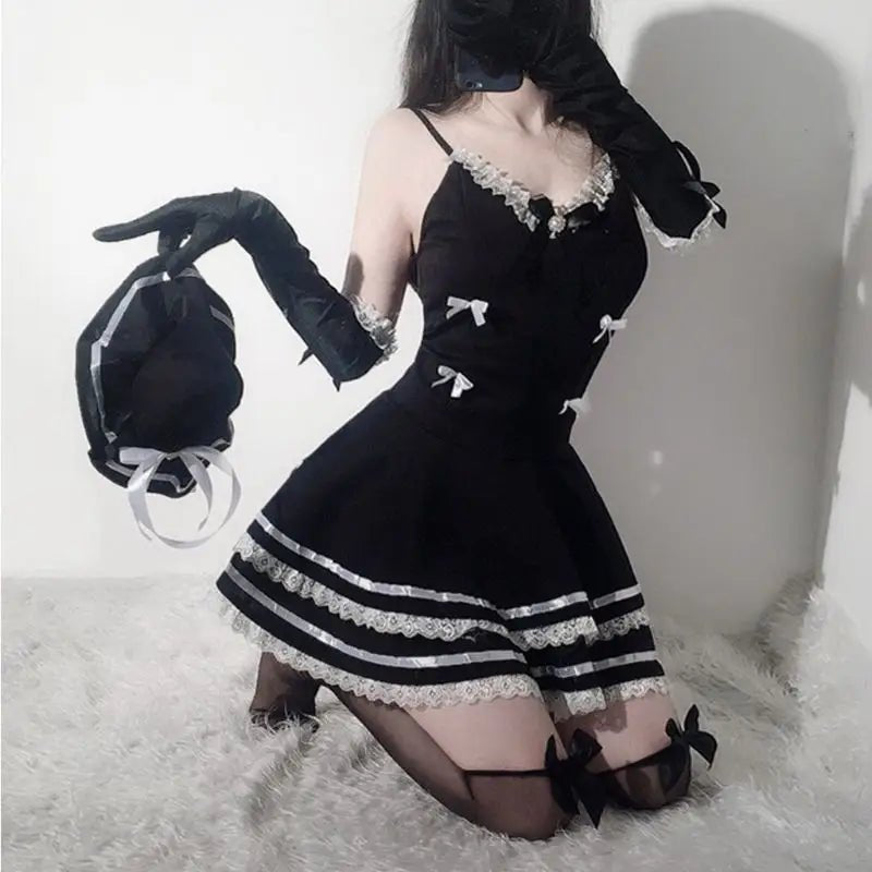French Maid Lace Ruffle Dress with Matching Gloves - Cosparty