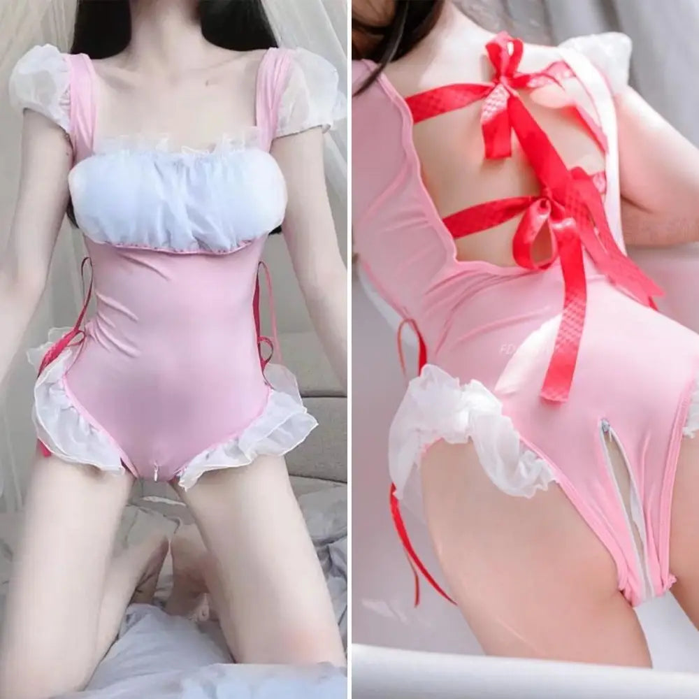 Frilly Pink Maid Onesie with Open-Crotch Romper Design - bodysuit