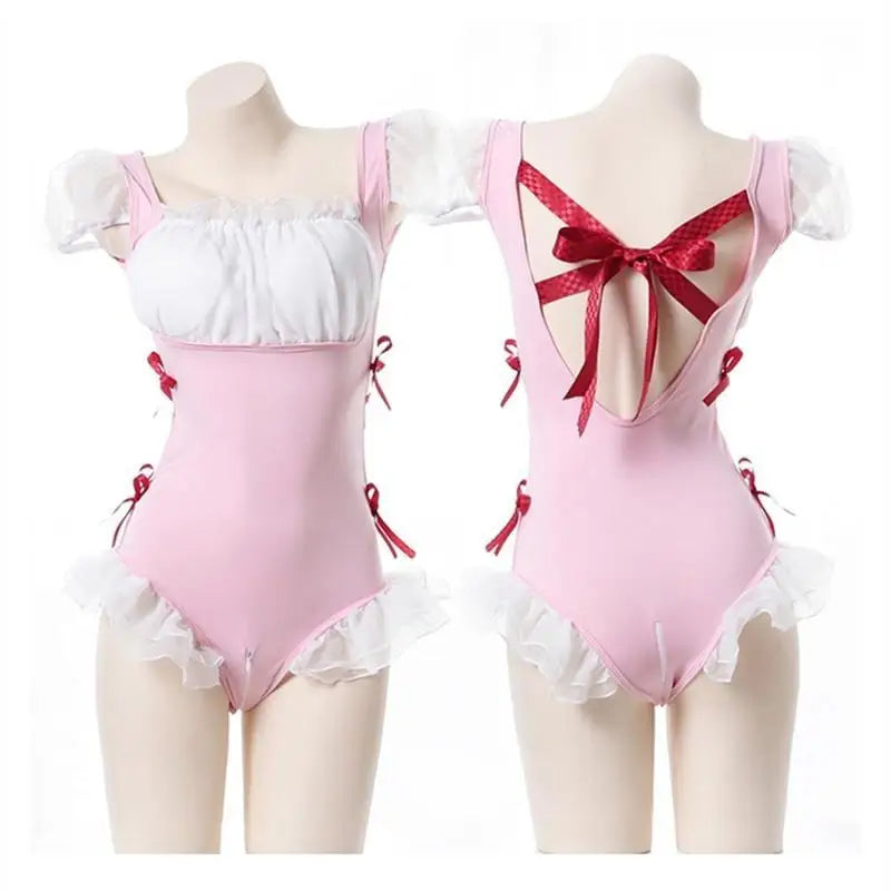 Frilly Pink Maid Onesie with Open-Crotch Romper Design - bodysuit