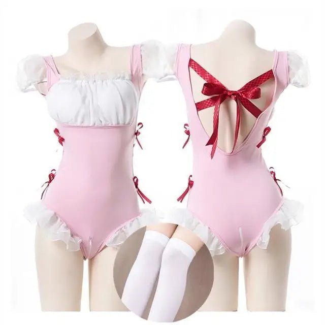 Frilly Pink Maid Onesie with Open - Crotch Romper Design - Cosparty