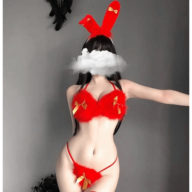 Furry Christmas Lingerie Set with Bow in Soft Red Plush Fur - Cosparty