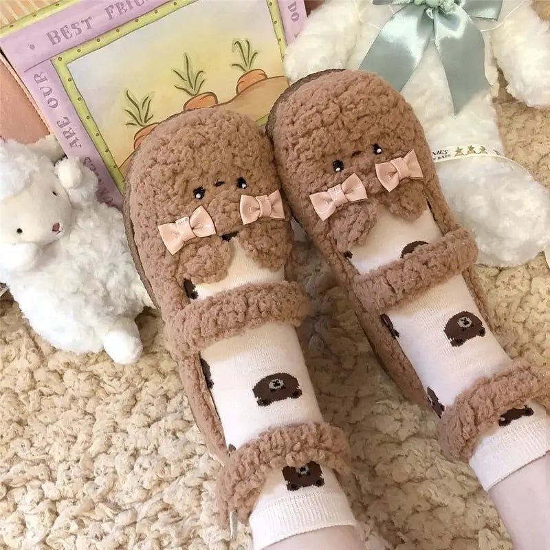Fuzzy Bear Inspired Maryjane Shoes with Fluffy Faux - Fur and Ribbons - Cosparty