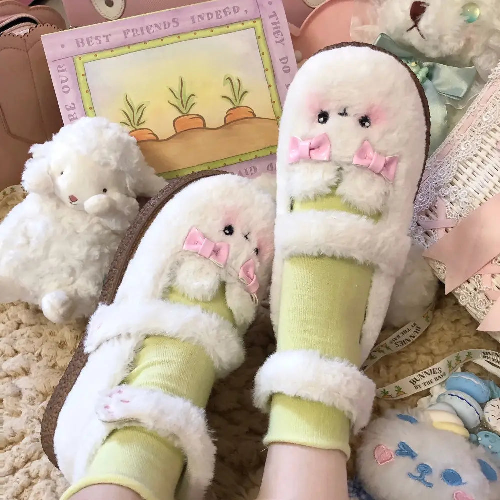 Fuzzy Bear Inspired Maryjane Shoes with Fluffy Faux-Fur and Ribbons - shoes