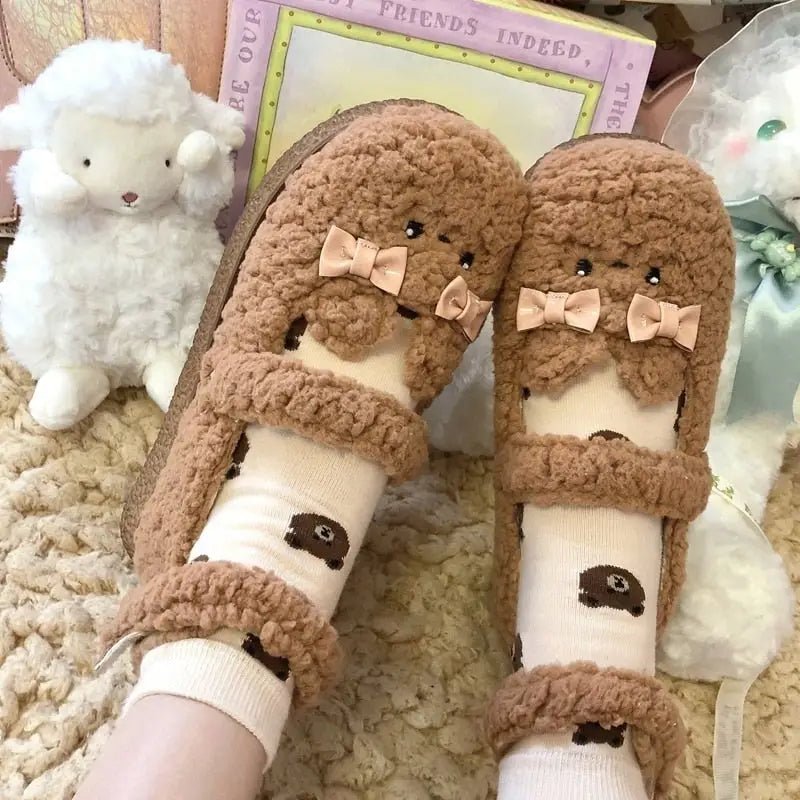 Fuzzy Bear Inspired Maryjane Shoes with Fluffy Faux - Fur and Ribbons - Cosparty