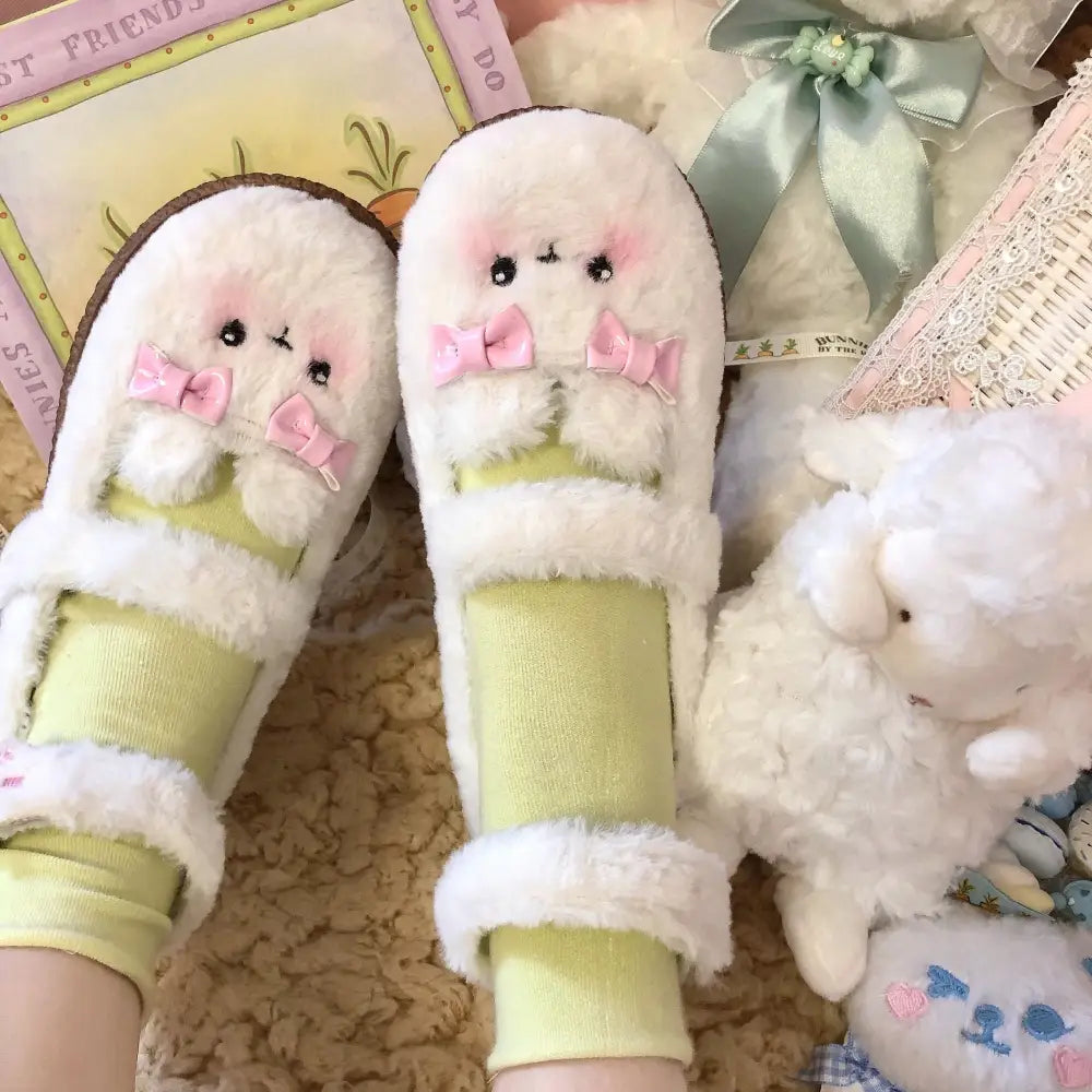 Fuzzy Bear Inspired Maryjane Shoes with Fluffy Faux-Fur and Ribbons - shoes