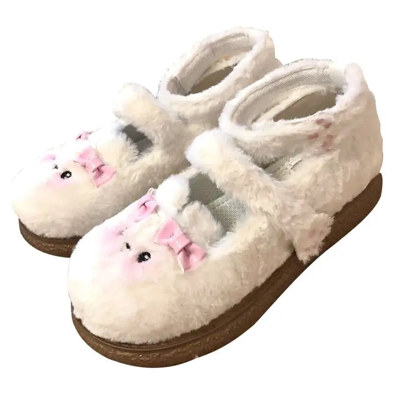 Fuzzy Bear Inspired Maryjane Shoes with Fluffy Faux-Fur and Ribbons - shoes