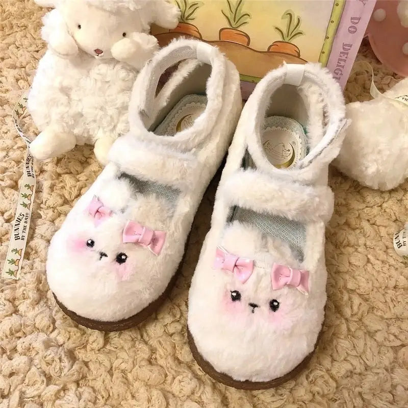 Fuzzy Bear Inspired Maryjane Shoes with Fluffy Faux-Fur and Ribbons - shoes