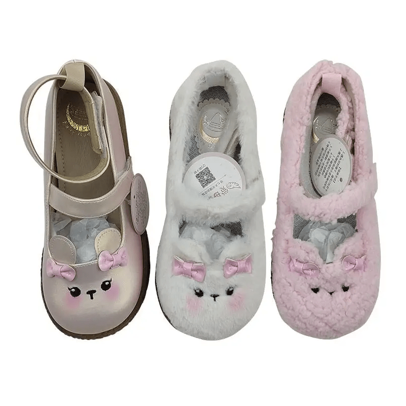 Fuzzy Bear Inspired Maryjane Shoes with Fluffy Faux - Fur and Ribbons - Cosparty