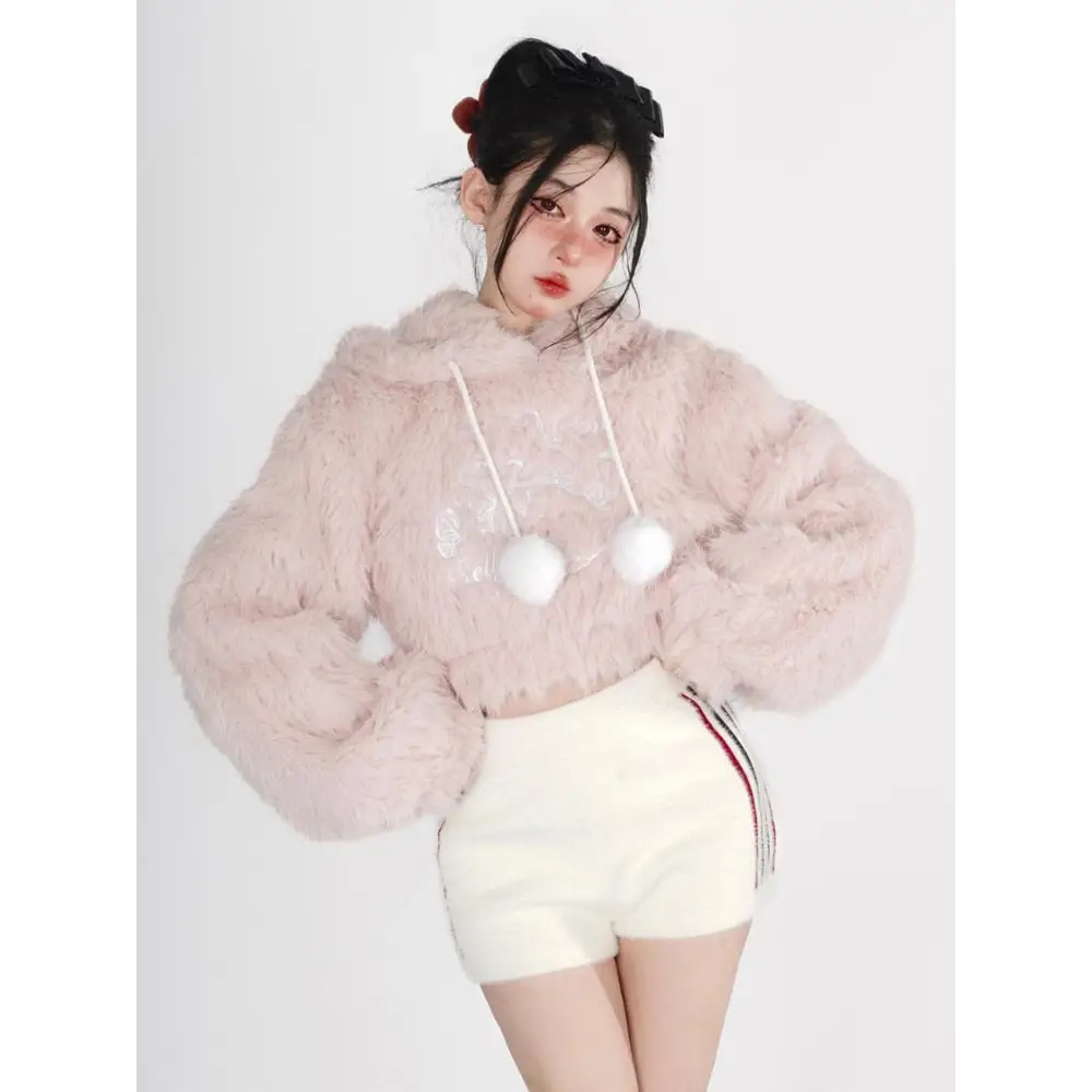 Fuzzy Kitten Cropped Hoodie in Soft Pastel Pink - sweater