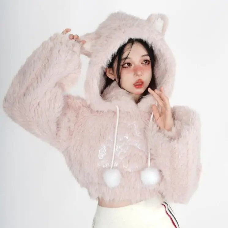 Fuzzy Kitten Cropped Hoodie in Soft Pastel Pink - sweater