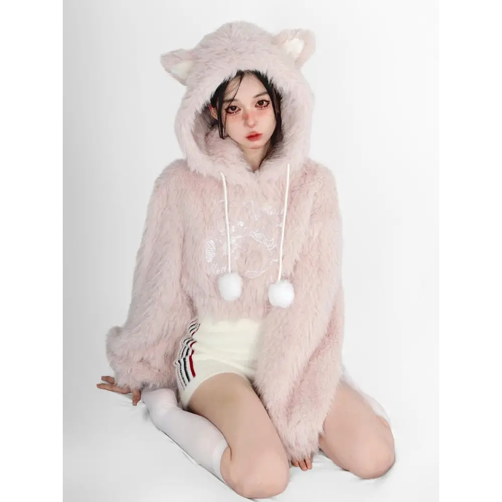 Fuzzy Kitten Cropped Hoodie in Soft Pastel Pink - sweater