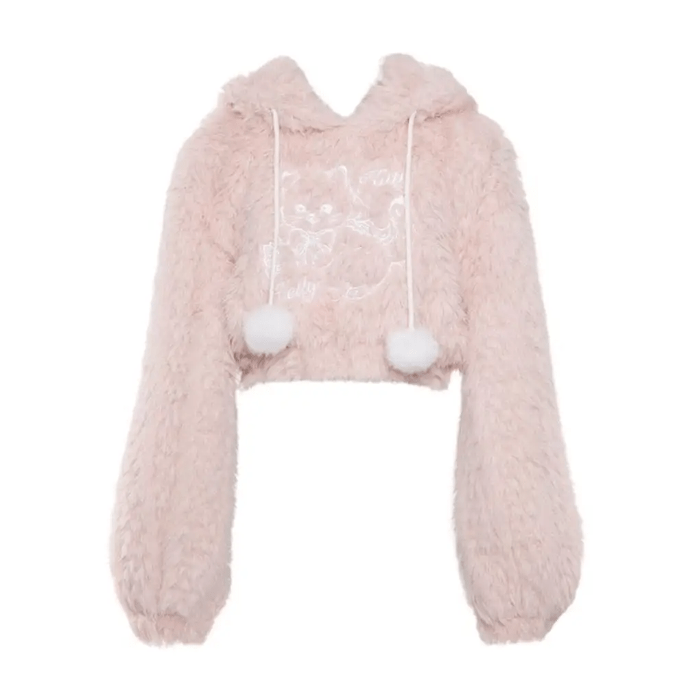 Fuzzy Kitten Cropped Hoodie in Soft Pastel Pink - Cosparty