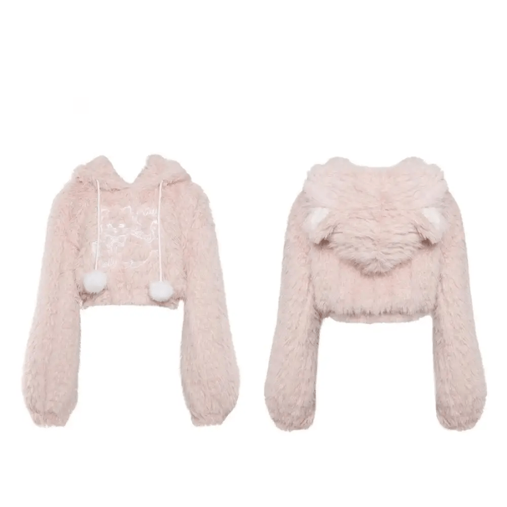 Fuzzy Kitten Cropped Hoodie in Soft Pastel Pink - Cosparty