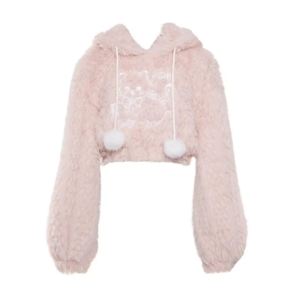 Fuzzy Kitten Cropped Hoodie in Soft Pastel Pink - S - sweater