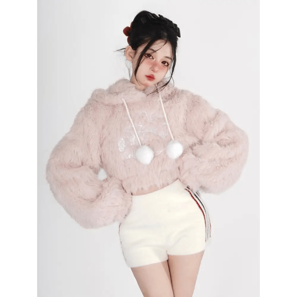 Fuzzy Kitten Cropped Hoodie in Soft Pastel Pink - Cosparty