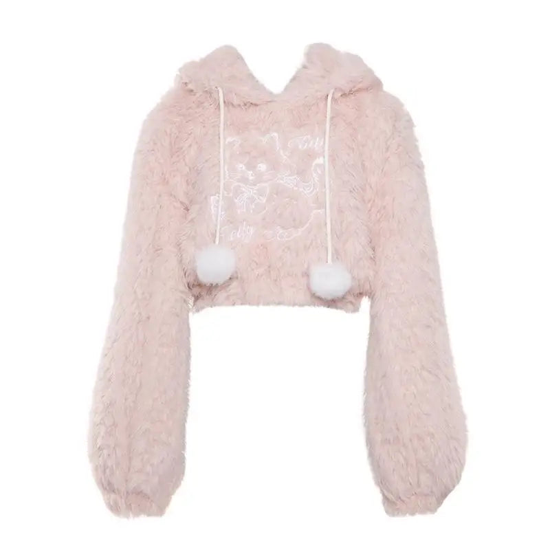 Fuzzy Kitten Cropped Hoodie in Soft Pastel Pink - sweater