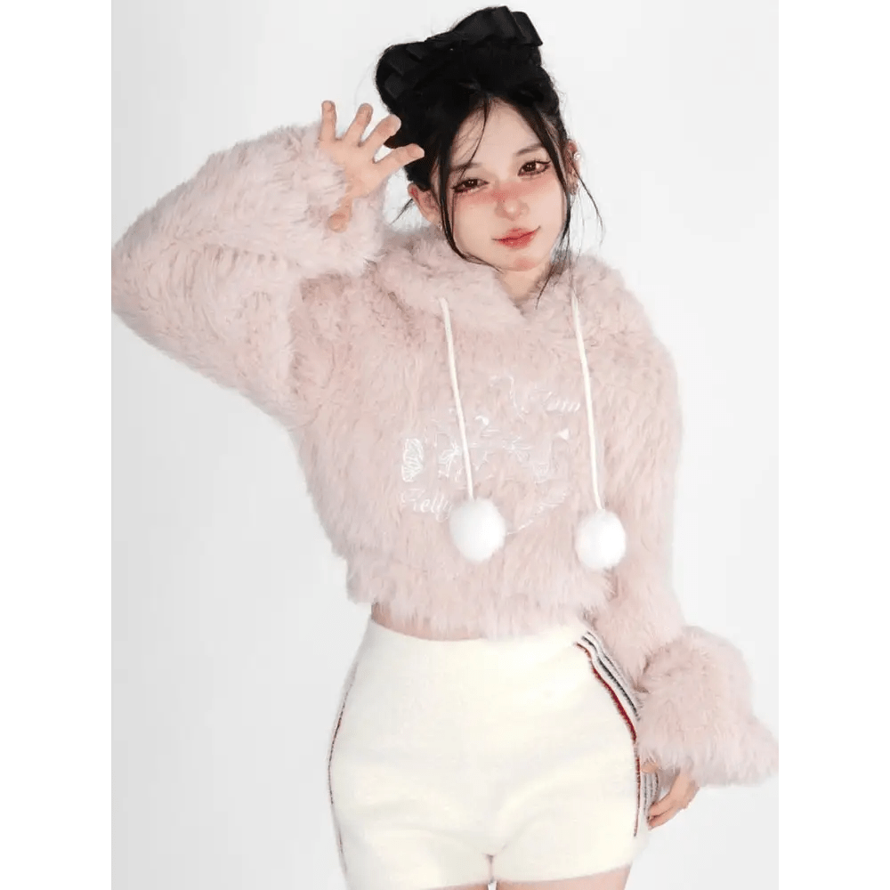 Fuzzy Kitten Cropped Hoodie in Soft Pastel Pink - Cosparty