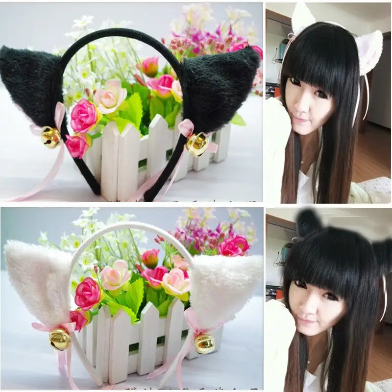 Fuzzy Kitty Cat Ear Headband with Bells and Ribbon - headband