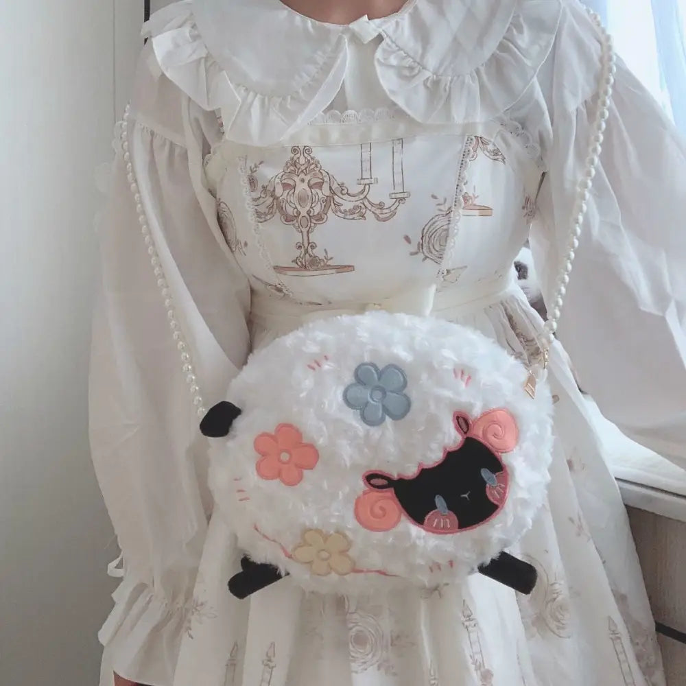 Fuzzy Lamb Sheep Plush Handbag for Pastel Kawaii Style - Purse