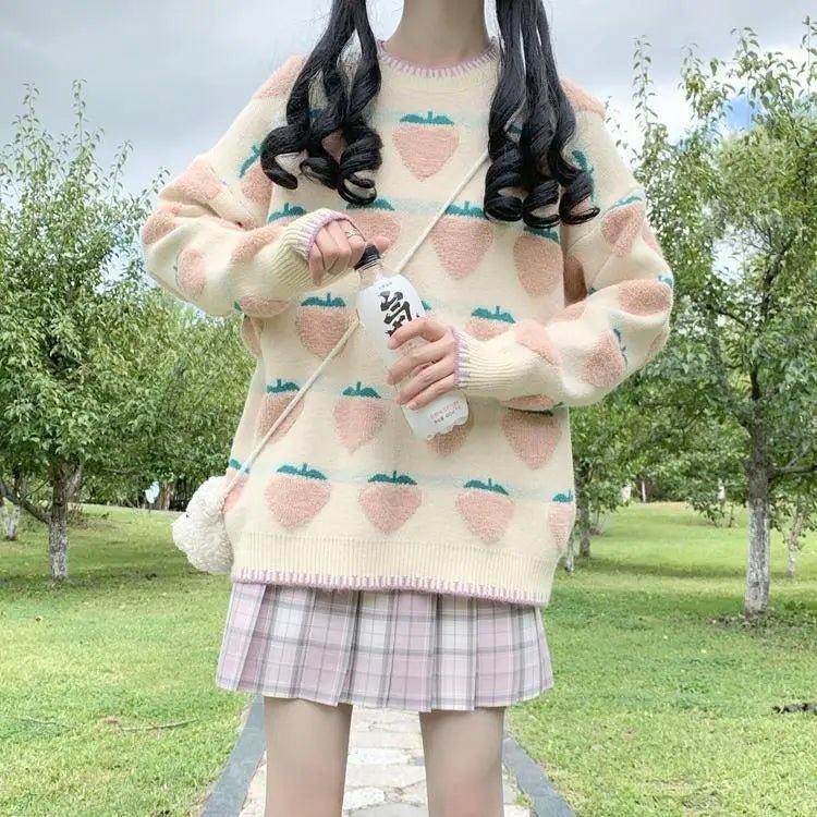 Fuzzy Peach and Strawberry Long Sleeve Sweatshirt for Kawaii Style - Cosparty