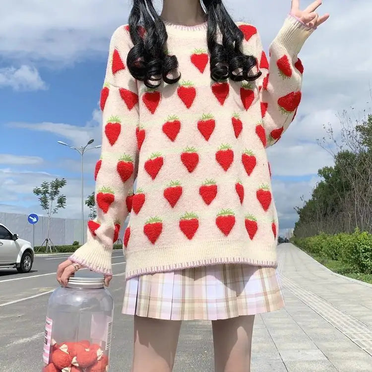 Fuzzy Peach and Strawberry Long Sleeve Sweatshirt for Kawaii Style - sweater