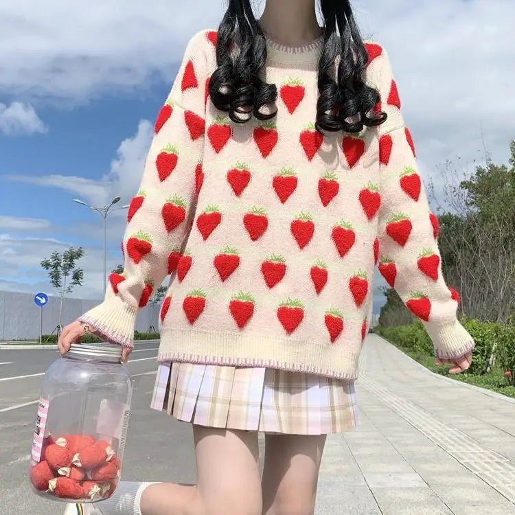 Fuzzy Peach and Strawberry Long Sleeve Sweatshirt for Kawaii Style - Cosparty