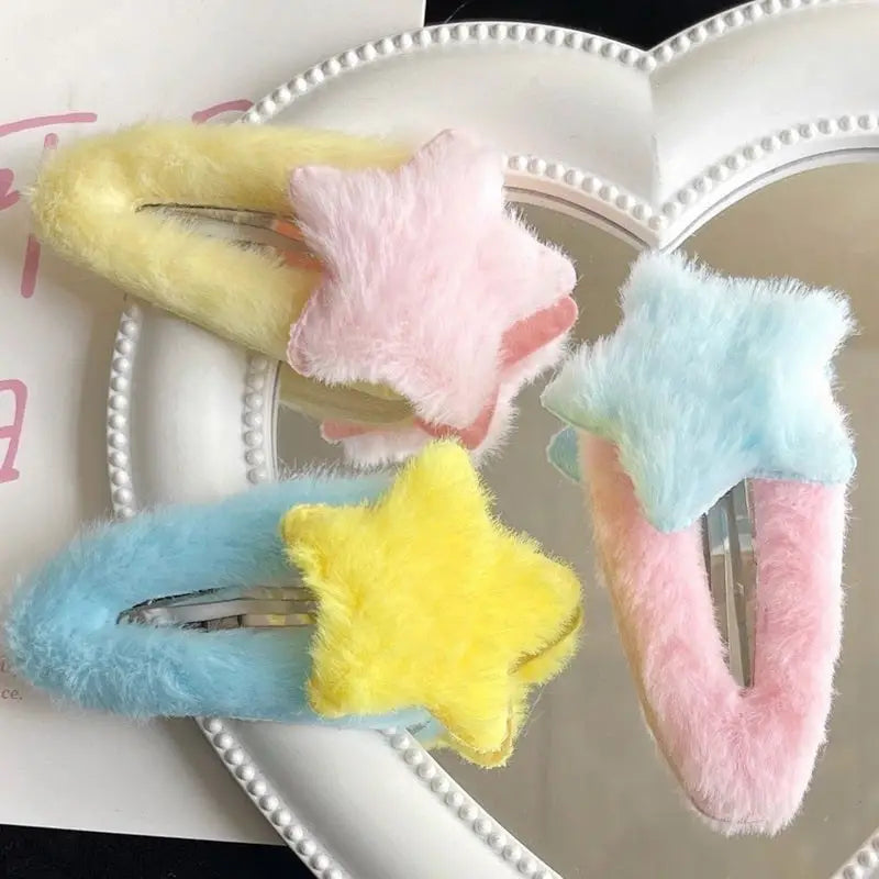 Fuzzy Star Hair Clips for Kawaii and Pastel Style Accessories - hair accessory