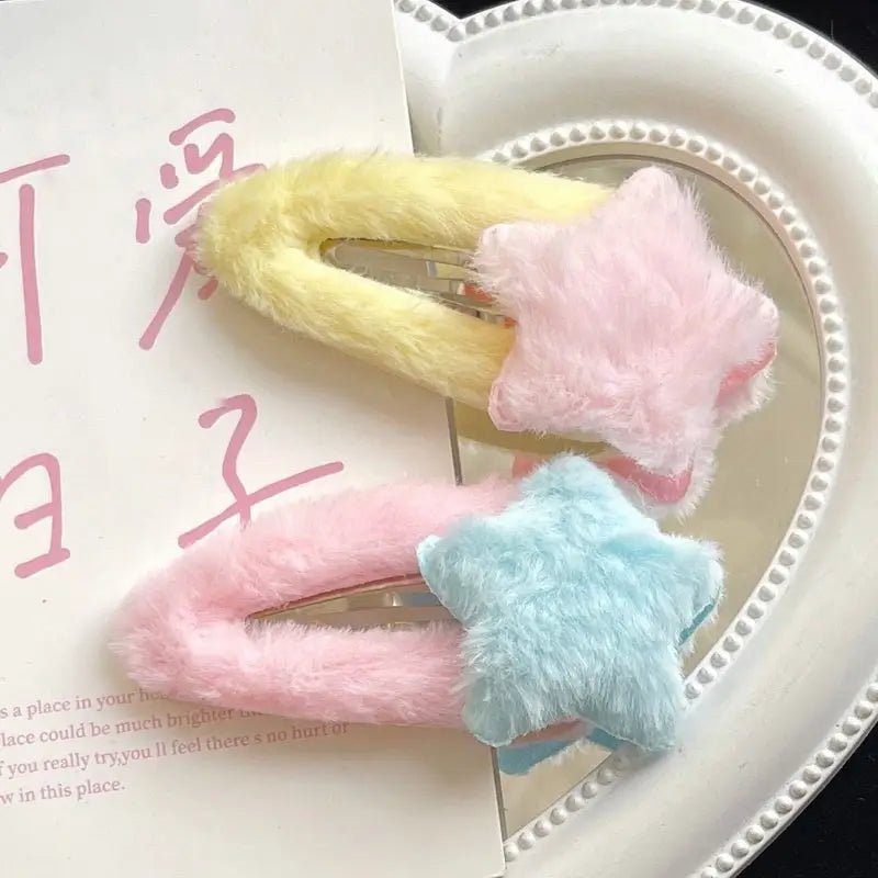 Fuzzy Star Hair Clips for Kawaii and Pastel Style Accessories - Cosparty
