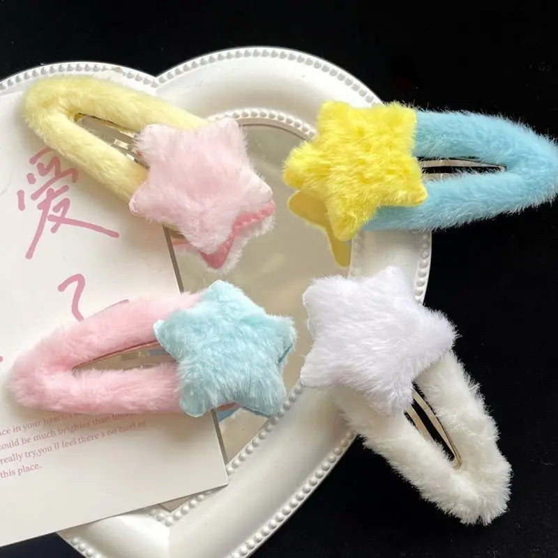 Fuzzy Star Hair Clips for Kawaii and Pastel Style Accessories - hair accessory