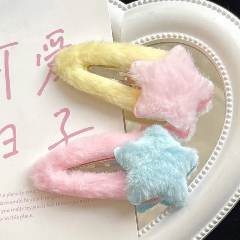 Fuzzy Star Hair Clips for Kawaii and Pastel Style Accessories - hair accessory