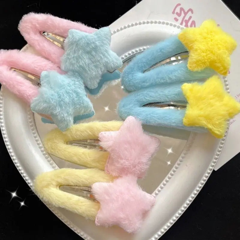 Fuzzy Star Hair Clips for Kawaii and Pastel Style Accessories - hair accessory