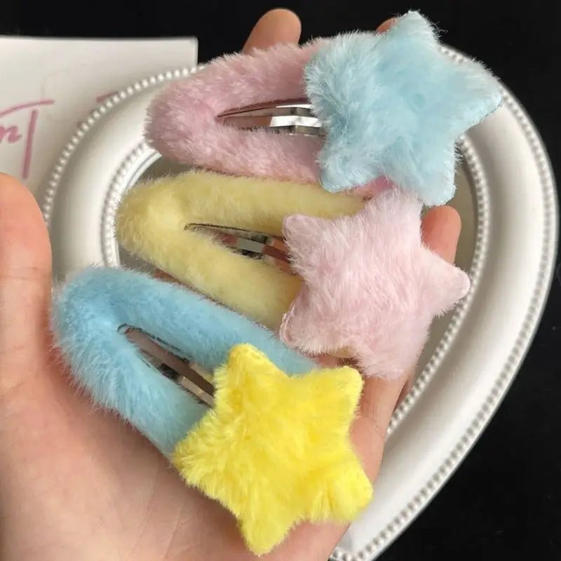 Fuzzy Star Hair Clips for Kawaii and Pastel Style Accessories - Cosparty