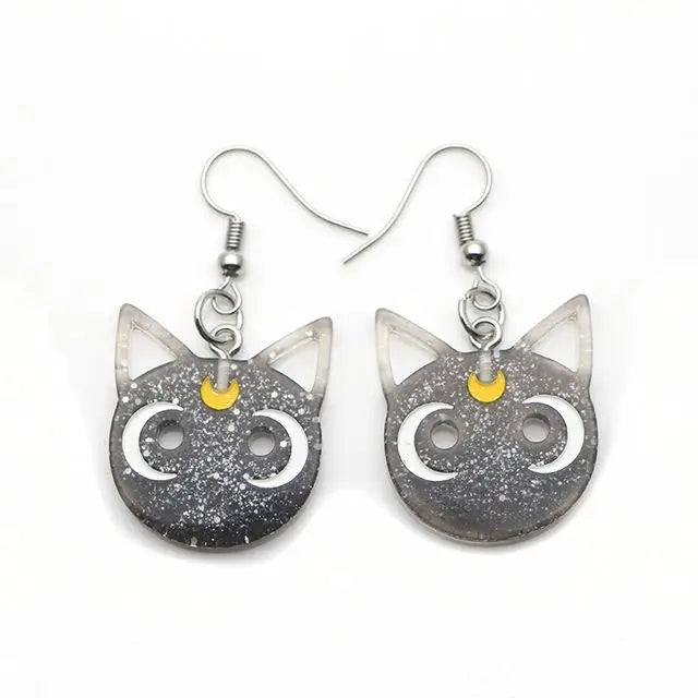 Glittery Cat Earrings with Half Moons in Resin Art - Jewelry