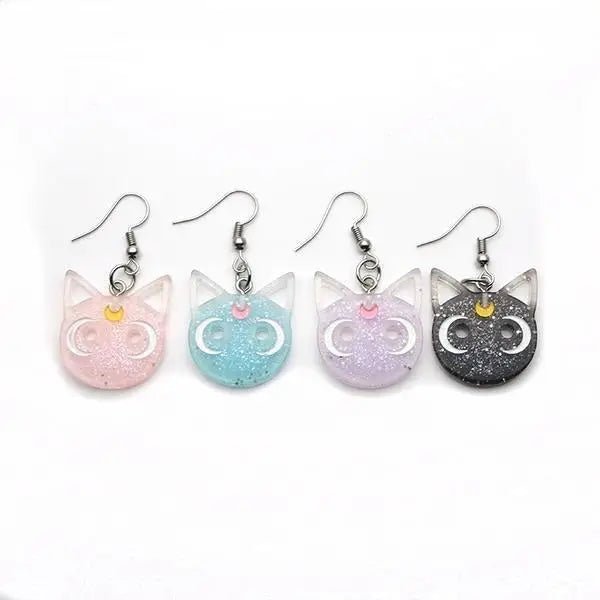 Glittery Cat Earrings with Half Moons in Resin Art - Cosparty