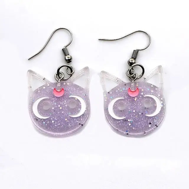 sailor moon luna cat artemis dangle drop earrings glitter resin art sparkle magical girl mahou shoujo kawaii anime