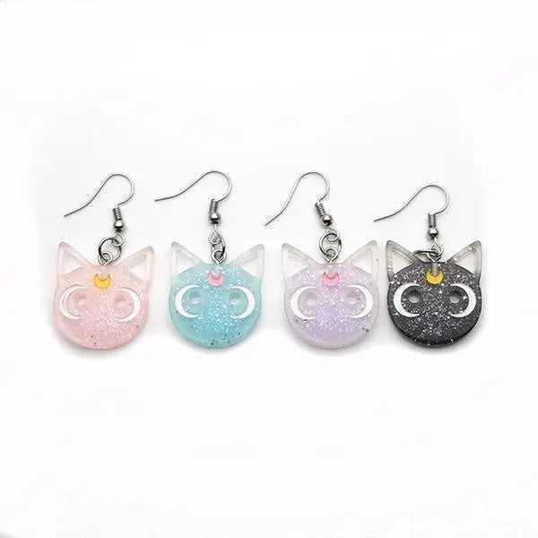 Glittery Cat Earrings with Half Moons in Resin Art - Jewelry