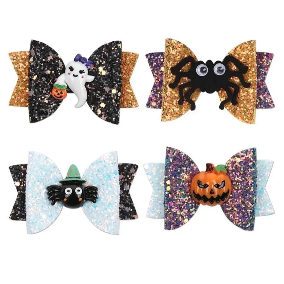 Glittery Halloween Hair Bows with Spooky Cabochons in Stock - hair accessory