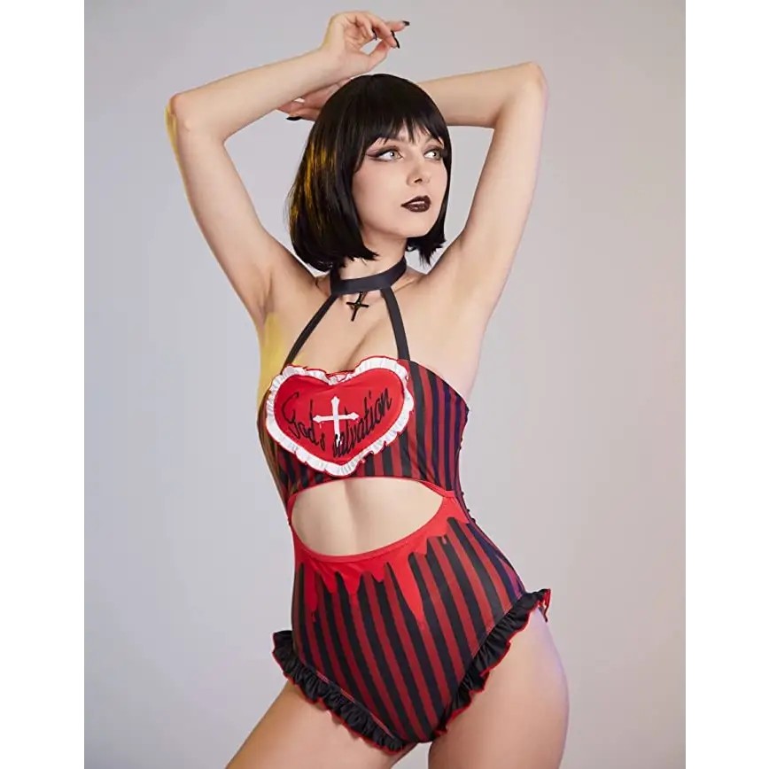 God’s Salvation Onesie with Gothic Striped Design in Black and Red - lingerie