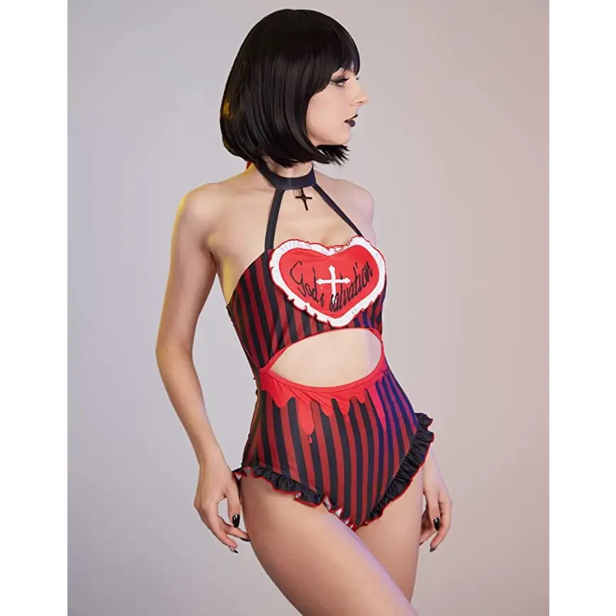 God’s Salvation Onesie with Gothic Striped Design in Black and Red - lingerie