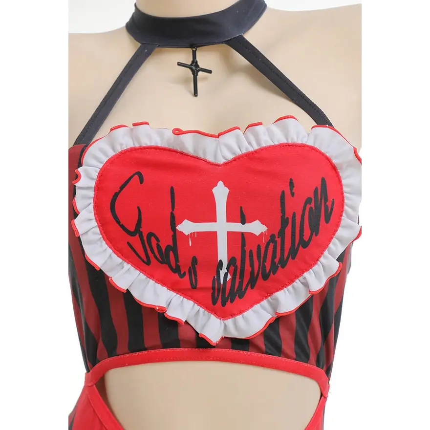 God’s Salvation Onesie with Gothic Striped Design in Black and Red - lingerie