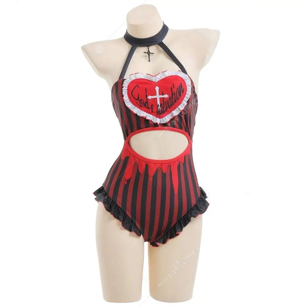 God's Salvation Onesie with Gothic Striped Design in Black and Red - Cosparty