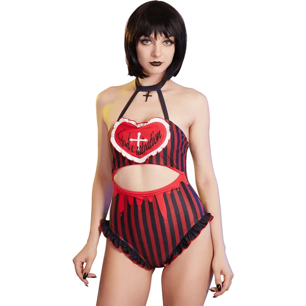 God's Salvation Onesie with Gothic Striped Design in Black and Red - Cosparty