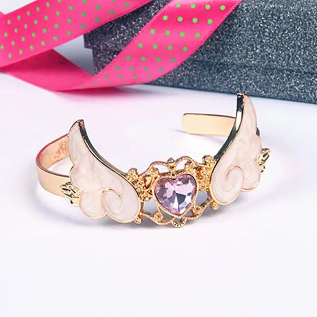 Gold Plated Angel Wing Gemstone Cuff Bracelet for Magical Girls - Jewelry