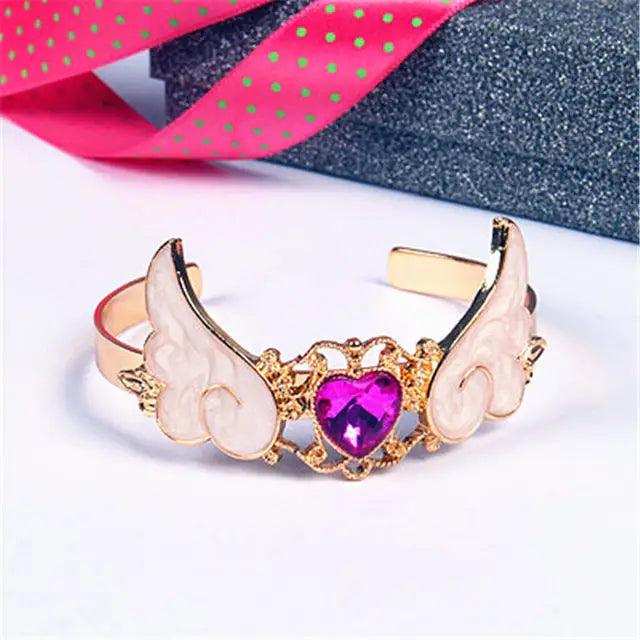 Gold Plated Angel Wing Gemstone Cuff Bracelet for Magical Girls - Jewelry